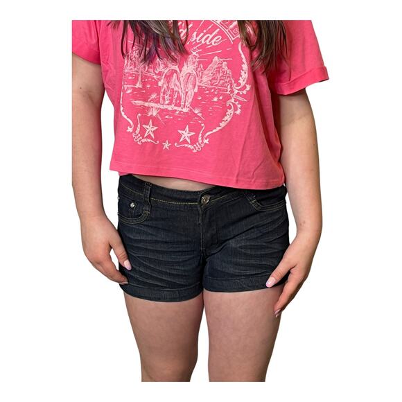 NEW Kaba JEAN SHORTS SZ 7 Dark Blue Denim Stone Stud Bedazzled Double Lasso NWT - Picture 6 of 12